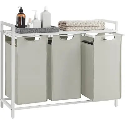 VASAGLE tvättkorg, tvättkorg med 3 fack, utdragbara och löstagbara tvättpåsar, tvättsortering, hylla, metallram, 3 x 38L, 92,5 x 33 x 72 cm, vit BLH301W01