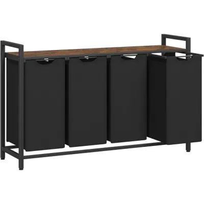VASAGLE Tvättkorg, Tvättkorg med 4 fack, Utdragbara och avtagbara tvättpåsar, Tvättsortering, Hylla, Metallram, 4 x 40 l, 116 x 33 x 72 cm, Rustik brun och svart BLH401B01
