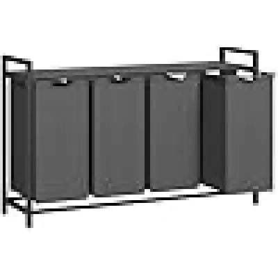 VASAGLE Tvättkorg, Tvättkorg med 4 fack, Utdragbara och avtagbara tvättpåsar, Tvättsortering, Hylla, Metallram, 4 x 40 l, 116 x 33 x 72 cm, Svart och grå BLH401G01