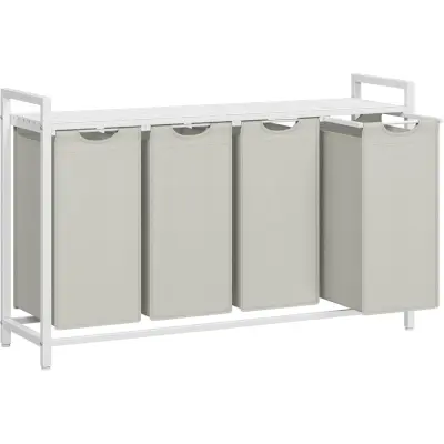 VASAGLE Tvättkorg, Tvättkorg med 4 fack, Utdragbara och avtagbara tvättpåsar, Tvättsortering, Hylla, Metallram, 4 x 40 l, 116 x 33 x 72 cm, Vit BLH401W01