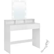 VASAGLE Tvättställsbord, LED-lampa med justerbar ljusstyrka, sminkbord med spegel, 2 lådor och 3 fack, sminkstation, modern, vit RDT164W01