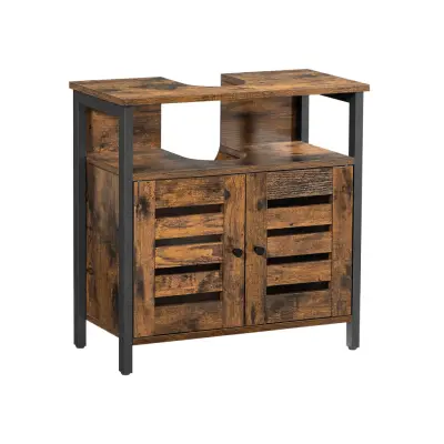 VASAGLE Tvättställsskåp, badrumsmöbel, förvaringsskåp, 60 x 30 x 60 cm, med stålram,öppen hylla, lamelldörrar, justerbar hylla, industriell, rustik brun och svart BBC901B01