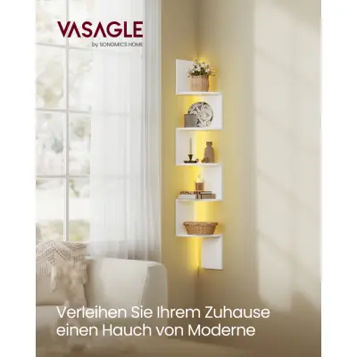 VASAGLE väggmonterad hörnhylla med RGB LED-lampor, 5-vånings flytande hörnbokhylla, växthylla, för sovrum, vardagsrum, badrum, kontor, knapp och fjärrkontroll, mattvit LBC630W01