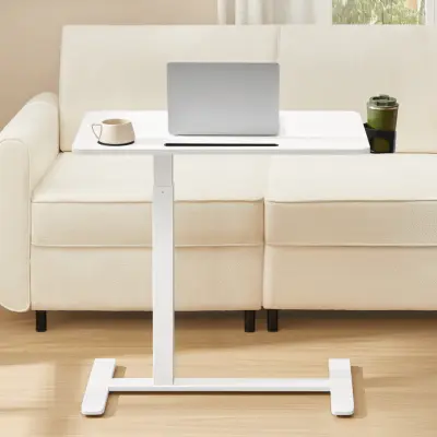 VASAGLEÖversängsbord med hjul, mobilt stående datorbord, 80 x 45 cm bordsskiva, justerbar höjd, 2 mugghållare, plats för telefon och surfplatta, Cloud White ULSD601W01